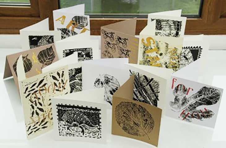 Collection of cards from a printmaking workshop