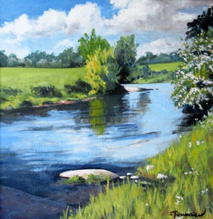 A painting of a river in the summer