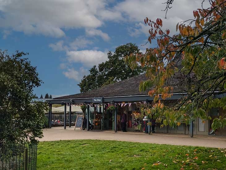 Westonbirt Shop with a sign and bunting, surrounded by trees with autumn leaves. A few people are near the entrance on a cloudy day.