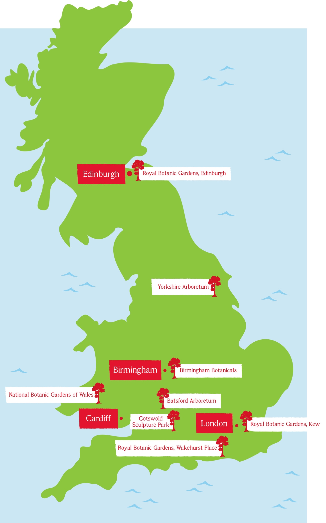 Which partner garden will you visit next? Map displaying locations of partner gardens in England, Scotland and Wales